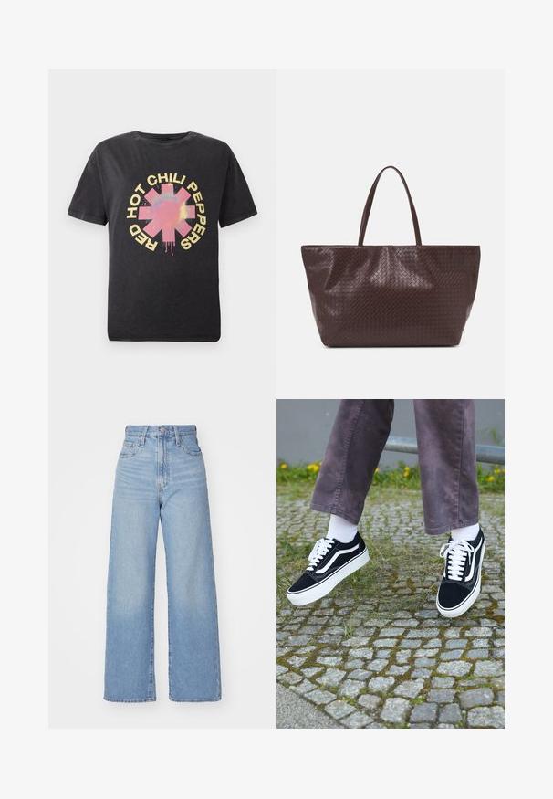 Μαύρο βαμβακερό t-shirt με κεντρικό πολύχρωμο γραφικό ενός λογότυπου αστεριού και τη φράση "HOT CHILI PEPPERS" σε έντονη κίτρινη γραμματοσειρά γύρω του.; Ανοιχτό μπλε ψηλόμεσα παντελόνια φαρδιές μπατζάκια με κλείσιμο μπροστά με κουμπί και φερμουάρ, μπροστά και πίσω τσέπες, σε λευκό φόντο.; Μαύρα σουέτ sneakers με λευκές λεπτομέρειες, διαθέτοντας στρογγυλή μύτη, παχύ λευκό πέλμα και κλασικό σχέδιο με κορδόνια, φορεμένα με λευκές κάλτσες και μωβ παντελόνι.; Καφέ τσάντα ώμου από πλεγμένο δέρμα με δύο χερούλια, δομημένο σχήμα και υφασμάτινη επιφάνεια, με χαρακτηριστικό σχέδιο διαμαντιών σε όλη την επιφάνεια.