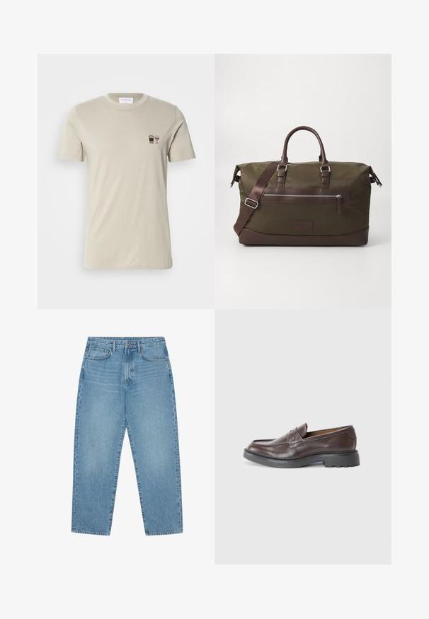Bežs īsās piedurknes T-krekls, kas izgatavots no kokvilnas, ar izšūtām kafijas krūzes un vīna glāzes dizainiem kreisajā krūtīs.; Gaiši zili denim auduma platgala bikses ar augstu jostasvietu, ar piecām kabatām, jostu cilpām un mīkstu, nedaudz nodilušu tekstūru.; Brūni ādas mokasīni ar gludu virsmu, apaļu purngalu, minimālām šuvēm un biezām melnām gumijas zālēm. Nav redzamu aksesuāru vai apdares detaļu.; Olīvu zaļš auduma ceļojumu soma ar brūniem ādas akcentiem, piedāvājot divas rokas, noņemamu plecu siksnu un priekšējo rāvējslēdzēja kabatu.