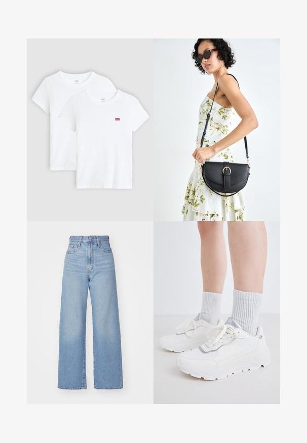 Duas t-shirts brancas de manga curta, feitas de algodão, com um pequeno logótipo vermelho da Levi's no peito, com um decote redondo e bainha reta.; Jeans de cintura alta e perna larga em azul claro, com fecho frontal de botão e zíper, bolsos frontais e traseiros, sobre um fundo branco.; Ténis brancos com um upper texturizado com detalhes em prata, sola espessa e atacadores, combinados com meias cinzas caneladas.; Bolsa de couro preta com forma curva, alça destacável e detalhes em dourado. A bolsa possui uma aba com detalhe de fivela.