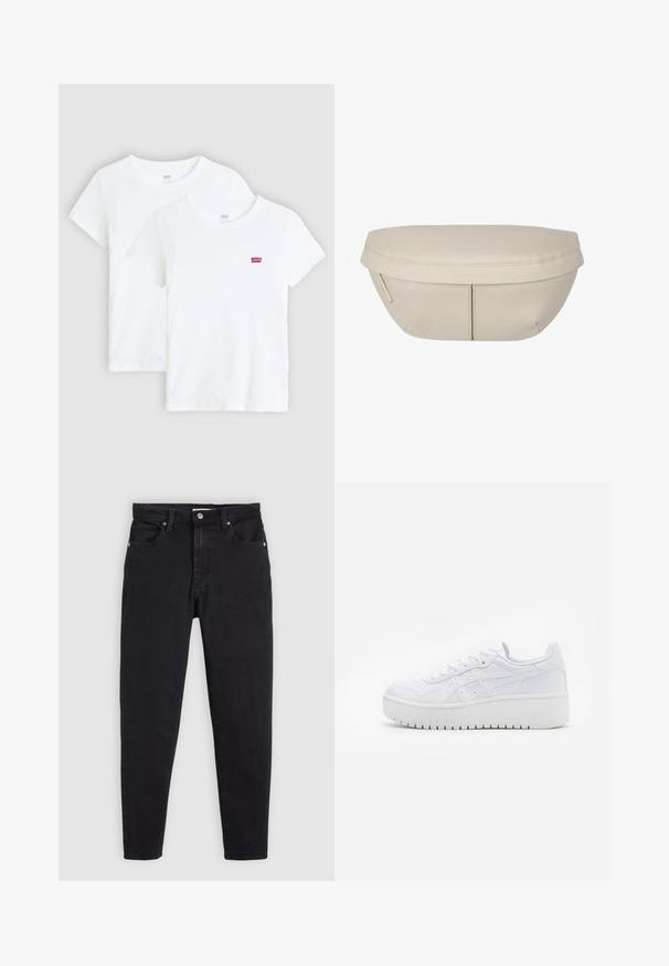 Zwei weiße kurzärmelige T-Shirts aus Baumwolle mit einem kleinen roten Levi's-Logo auf der Brust, rundem Halsausschnitt und geradem Saum.; Schwarze Slim-Fit-Jeans mit Knopf- und Reißverschluss, Fünf-Taschen-Design und Gürtelschlaufen auf einem hellgrauen Hintergrund.; Weiße Plattform-Sneaker aus glattem Leder mit perforierten Details und flachen Schnürsenkeln; ausgestattet mit einer dicken weißen Gummisohle.; Beiger Stoffbeutel mit runder Form, flacher Oberseite und subtilen Nahtdetails. Enthält ein minimalistisches Logo und einen Seitengurt.