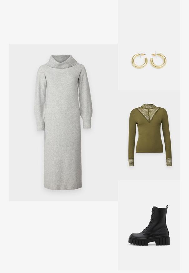 ONLY ONLTILDE HIGH NECK - Tops ar garām piedurknēm - winter moss; Pelēka adīta kleita ar cowl tipa apkakli, garām pūkainām piedurknēm un ribotām piedurknēm un apakšmalu. Audums izskatās mīksts un teksturēts.; Melnas ādas potītes zābaki ar masīvu, rievojumu zoli, auklu aizdari un vilces cilpu uz gludas baltas fona.; Melnas ādas saķeres soma ar atloku un zelta metāla sprādzi. Ietver melnu siksnu un elegantu, minimālistisku dizainu.; Zelta auskari ar gludu, spīdīgu apdari. Apaļš dizains, kas ietver mazu tapu un caurspīdīgu pamatni drošai valkāšanai.