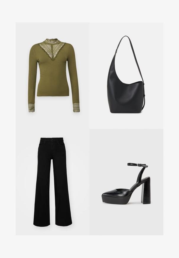 ONLY ONLTILDE HIGH NECK - Top s dlouhým rukávem - winter moss; Černé široké kalhoty vyrobené z denimu, s pevným pasem, poutky na opasek a předními kapsami. Hladká textura s klasickým designem.; Černé platformové podpatky s špičatou špičkou a nastavitelným kotníkovým popruhem. Vyrobeny z hladké kůže, s masivním blokovým podpatkem.; Černá kožená hobo taška s hladkým povrchem, zakřiveným tvarem a jedním nastavitelným popruhem; má široké otevírání nahoře.