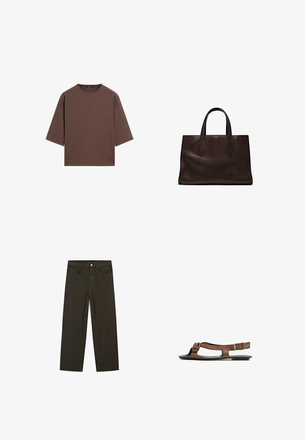 T-shirt corto marrone con scollatura rotonda, maniche corte e una texture morbida. Progettato con una vestibilità rilassata e dettagli minimi.; Jeans a gamba larga di colore verde scuro, realizzati in tessuto misto cotone, dotati di chiusura con bottone frontale, cinque tasche e cuciture classiche in denim.; Sandal in pelle marrone con punta aperta e ritagli laterali. Presenta una fascia alla caviglia con una fibbia metallica e una suola piatta.; Borsa a spalla in pelle marrone con due manici lunghi, forma rettangolare strutturata, texture liscia e dettagli di cucitura sottili.