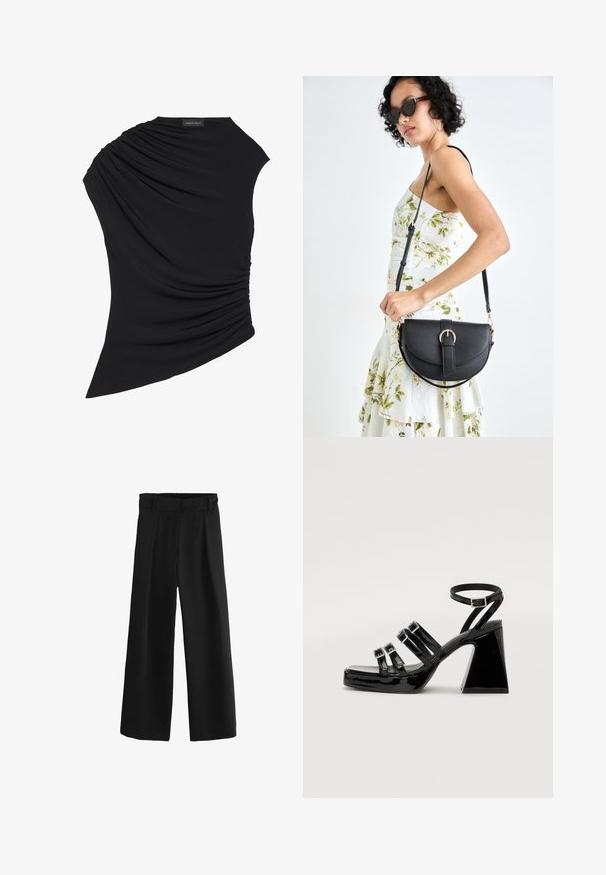 Čierny bezrukávový top s drapovaným dizajnom, s textúrovaným riasením na jednej strane a mierne asymetrickým lemom. Vyrobený z mäkkej látky.; Čierne široké nohavice s vysokým pásom, s záhybmi a hladkou, tkanou textúrou. Vyrobené z jemného materiálu pre pohodlie.; Čierne lakované sandále na podpätku so štvorcovou špičkou, viacerými popruhmi, nastaviteľným členkovým popruhom a robustným geometrickým podpätkom.; Čierna kožená kabelka s zaobleným tvarom, odnímateľným popruhom a zlatými doplnkami. Kabelka má klopu s detailom s prackou.