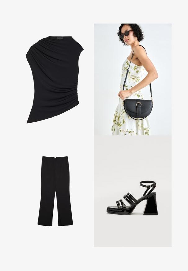 Čierny bezrukávový top s drapovaným dizajnom, s textúrovaným riasením na jednej strane a mierne asymetrickým lemom. Vyrobený z mäkkej látky.; Čierne nohavice so strihom rovného strihu, s prednými vreckami a bočnými rozparkami na leme. Vyrobené z mäkkej, hladkej tkaniny. Vhodné na rôzne príležitosti.; Čierne lakované sandále na podpätku so štvorcovou špičkou, viacerými popruhmi, nastaviteľným členkovým popruhom a robustným geometrickým podpätkom.; Čierna kožená kabelka s zaobleným tvarom, odnímateľným popruhom a zlatými doplnkami. Kabelka má klopu s detailom s prackou.