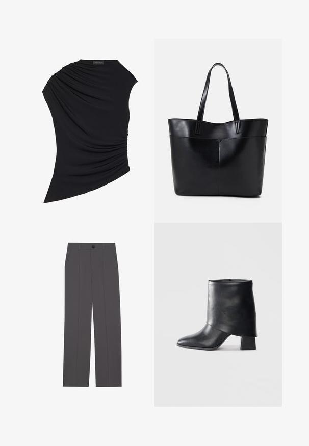 Must have musta ilma varrukat top, millel on drapeeritud disain, ühe külje peal on tekstuuriga kodara ja kerge asümmeetriline äär. Valmistatud pehmest kangast.; Hallid hallid püksid otse jala lõikega, millel on kaks küljetaskut ja nööbisahtel. Sile kangas ilma nähtavate mustrite või aktsentideta.; Mustad nahast pahkluuring, millel on terav varvas, sile tekstuur ja struktureeritud plokknakk. Omab kõrget, volditud suud.; Must mustaga musta nahast, millel on kaks pikka kanda, sile tekstuur ja struktureeritud kuju. Esipoolsel on lisakoti jaoks tasku.