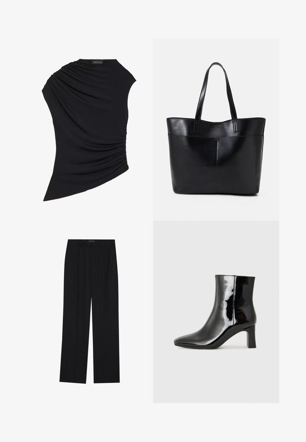 Juoda be rankovių palaidinė su drapiruotu dizainu, kurios viena pusė papuošta tekstūruotu susiraukšlėjimu, o hemline yra šiek tiek asimetrinis. Pagaminta iš minkštos medžiagos.; Juodos kelnes su tiesiomis sijonais, turinčios dvi priekinės kišenės ir juosmenį. Pagamintos iš lygios, lengvos medžiagos.; Juodos lakuotos odinės aulinukės su smailiu pirštu ir vidutinio aukščio blokuotu kulnu. Lygus paviršius ir minimalistinis dizainas.; Juoda odinė rankinė su dviem ilgais diržais, lygiu paviršiumi ir struktūrizuota forma. Yra priekinė kišenė papildomam saugojimui.