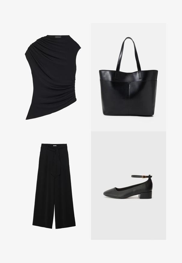 Top negro sin mangas con un diseño drapeado, presentando un fruncido texturizado en un lado y un dobladillo ligeramente asimétrico. Fabricado con una tela suave.; Pantalones de pierna ancha negros con un tejido texturizado, una cinturilla elástica y un lazo desmontable en la cintura para un ajuste ajustable.; Zapato de tacón negro de cuero con punta afilada y tacón bajo cuadrado. Presenta una correa para el tobillo con una hebilla en tono dorado. Textura suave.; Bolso tote de cuero negro con dos asas largas, textura suave y forma estructurada. Cuenta con un bolsillo frontal para almacenamiento adicional.