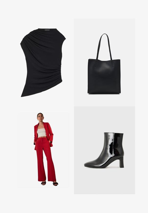 Top negro sin mangas con un diseño drapeado, presentando un fruncido texturizado en un lado y un dobladillo ligeramente asimétrico. Fabricado con una tela suave.; Blazer rojo entallado y pantalones acampanados a juego, combinados con un top blanco corto. Tela suave con diseño estructurado, con bolsillos laterales.; Botín de charol negro con punta afilada y un tacón de bloque de altura media. Textura suave y diseño minimalista.; Bolso tote de cuero negro con textura lisa, forma rectangular y dos asas largas. Sin herrajes ni adornos visibles.