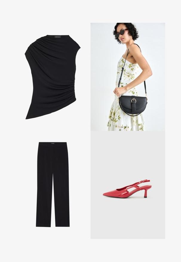 Top preto sem mangas com um design drapeado, apresentando pregas texturizadas de um lado e uma bainha ligeiramente assimétrica. Feito de um tecido suave.; Calças de veludo cotelê pretas com corte reto, apresentando uma cintura lisa e sem bolsos visíveis, textura suave e detalhe de riscas verticais.; Sapato slingback em couro verniz vermelho com bico apontado, salto alto e design recortado para ventilação. Correia ajustável para um ajuste seguro.; Bolsa de couro preta com forma curva, alça destacável e detalhes em dourado. A bolsa possui uma aba com detalhe de fivela.