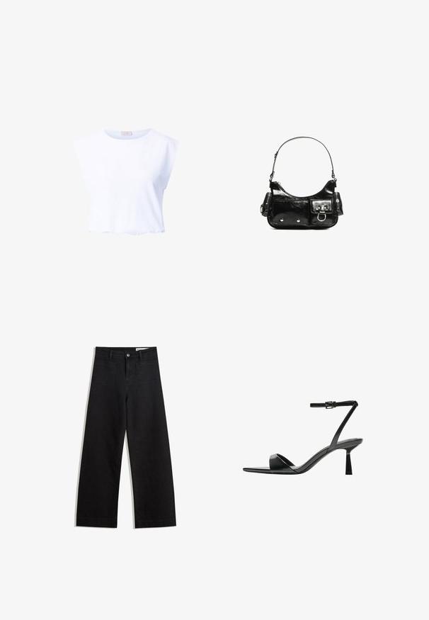White cropped t-shirt made of soft cotton, featuring a rounded neckline and cap sleeves, with a smooth texture and no visible patterns.; Black wide-leg denim pants with a high waist, featuring front and back pockets, stitched seams, and a button closure. Smooth texture.; Bershka High heeled sandals - black; Black patent leather handbag with a curved shape, one shoulder strap, front pockets, and silver-tone hardware accents.