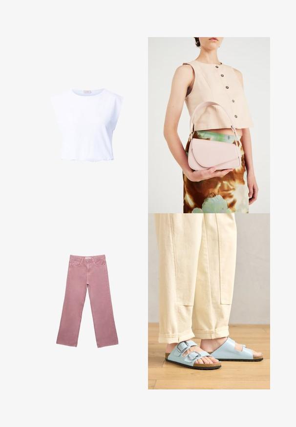 T-shirt bianco corto realizzato in morbido cotone, con scollatura rotonda e maniche corte, dalla consistenza liscia e senza motivi visibili.; Jeans rosa a gamba larga realizzati in denim, con vita alta, tasche frontali e dettagli di cucitura sottile. Texture liscia senza motivi.; Sandali aperti azzurri con doppia fibbia, suola in sughero e suola in gomma nera, abbinati a pantaloni larghi color crema.; Borsa in pelle rosa con pattina curva, tracolla singola e linee pulite. La borsa presenta una texture liscia e un design minimalista.