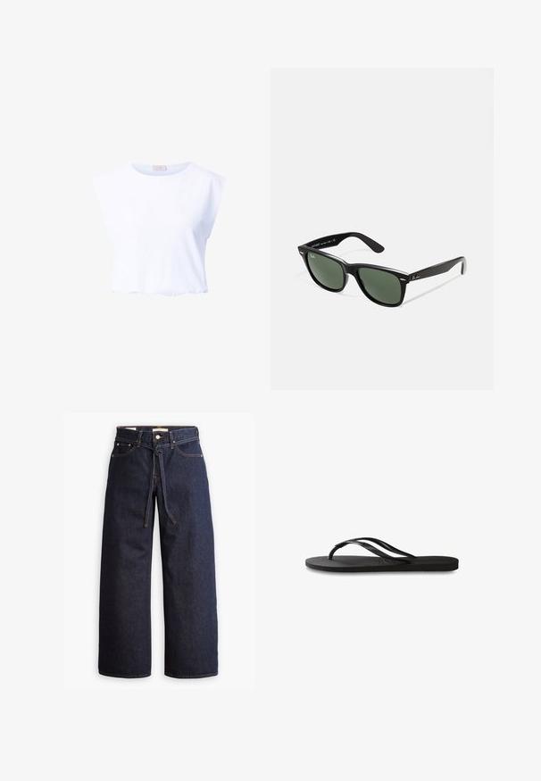 White cropped t-shirt made of soft cotton, featuring a rounded neckline and cap sleeves, with a smooth texture and no visible patterns.; Wide-leg dark blue denim jeans with a high waist, featuring a drawstring tie, five pockets, and contrasting stitching details.; Black flip-flop featuring a textured rubber sole, two slender straps, and a subtle, embossed logo detail on the strap.; Black plastic sunglasses with green lenses, square frames, silver accent on the brow, and textured temple arms. Stated brand on inner arm.