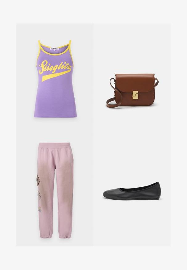Purple tank top with yellow trim, featuring a large white cursive "Stieglitz" logo. Soft cotton material, slim fit design.; Pink sweatpants with an elastic waistband, featuring decorative patches in diamond shapes on the left side and elastic cuffs at the ankles.; Black leather ballet flat with a rounded toe, smooth texture, minimal stitching detail, and a flexible sole design.; Brown leather handbag with a flap closure, gold-tone hardware, a shoulder strap, and a smooth texture. Compact rectangular shape.