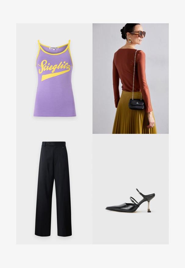 Violetinė liemenė su geltonu apvadu, ant kurios pavaizduota didelė balta kreivųjų rašmenų "Stieglitz" logotipas. Minkštas medvilnės audinys, siauras kirpimas.; Tamsiai mėlynos plačių kojų kelnes su sagų uždarymu, priekiniais raukiniais ir sklandžiu audiniu, turinčiu švarų, pritaikytą dizainą.; Juodasis odinis batelis su smailiu nosiu ir slingback stiliumi, turintis dvi reguliuojamas juosteles ir metalinį kulną. Lygi tekstūra ir minimalistinis dizainas.; Vivienne Westwood SMALL PURSE CHAIN - Rankinė per petį - black