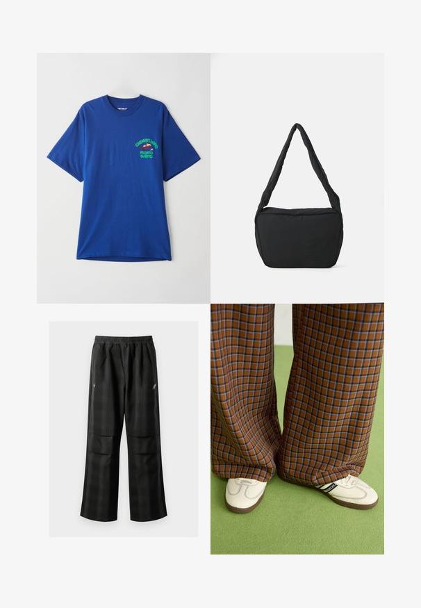 Blue cotton t-shirt with a round neck, short sleeves, and a graphic print featuring a red character and text on the left chest area.; Black plaid pants featuring an elastic waistband, two front pockets, and a loose fit with a straight leg design. Made from lightweight material.; Brown and blue plaid wide-leg trousers paired with white shoes featuring black accents and textured soles, set against a green background.; Black shoulder bag with a padded texture, a rounded shape, and a wide strap, featuring an embossed logo on the front.