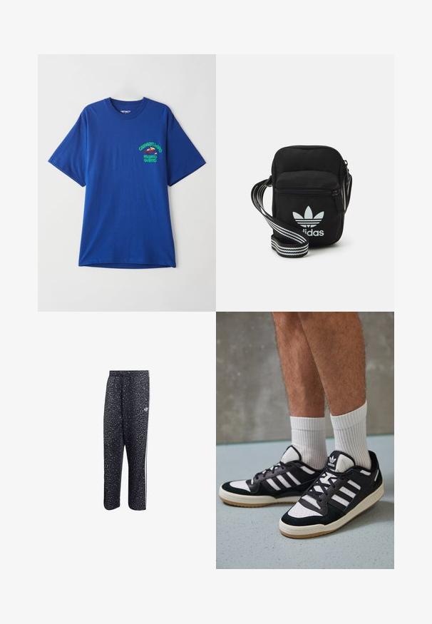 Modra bombažna majica s kratkimi rokavi, na levi strani prsnega koša s potiskanim grafikonom v zeleni in rdeči barvi, tekst vključuje "Carhartt WIP" in "Pronto Subito".; Črne športne hlače z vzorcem leoparda, ki imajo bele tri črte in logo športne blagovne znamke na strani.; Črno-bele superge z zgornjim delom iz usnja in nubuka, ki imajo tri bele črte, perforiran vrh prstov in podplat iz gume.; Črna tkaninska torbica čez ramo z zadrgo, ki vsebuje belo Adidasovo logo in pridelano naramnico z več črtami za enostavno nošenje.
