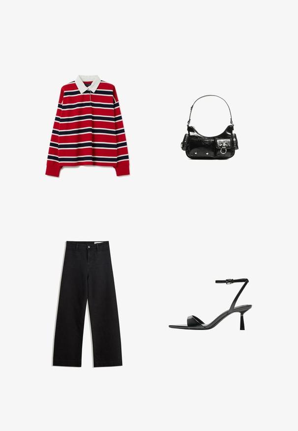 Rode langwerpige polo met lange mouwen, voorzien van witte en marineblauwe horizontale strepen, met een witte kraag en ribgebreide manchetten. Zeer gladde katoenen stof.; Zwarte denim broek met wijde pijpen en een hoge taille, voorzien van voor- en achterzakken, gestikte naden en een knoopsluiting. Gladde textuur.; Bershka Sandalen met hoge hak - black; Zwarte laarzen in lakleer met een gebogen vorm, één schouderband, voorvakken en accenten in zilverkleurig metaal.