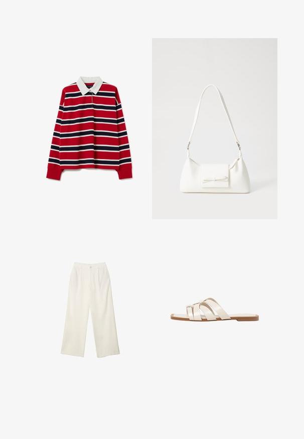 Polo a maniche lunghe rosso con strisce orizzontali bianche e blu navy, con colletto bianco e polsini a costine. Tessuto in cotone liscio.; Pantaloni a gamba larga in tessuto crema con una texture liscia, caratterizzati da un singolo bottone frontale, pieghe sottili e un design a vita alta.; Infradito con suola in gomma color talpa, progettate con tre cinturini in pelle bianca sovrapposti e un piccolo dettaglio a fiocco al centro.; Borsa sintetica bianca a forma triangolare, con patta anteriore piatta e dettaglio a fiocco, tracolla regolabile, texture liscia e design minimalista.