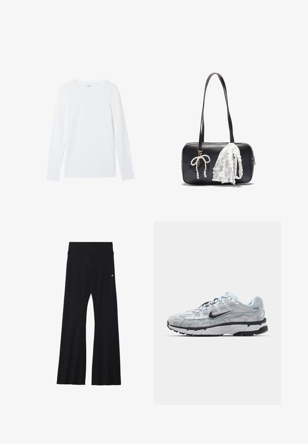 Biała koszula z długim rękawem wykonana z gładkiej bawełny, charakteryzująca się okrągłym dekoltem oraz brakiem wzorów i zdobień. Klasyczny, minimalistyczny design.; Czarne, rozszerzane spodnie do jogi z elastycznego materiału, z szerokim pasem i małym logo w pobliżu biodra. Gładka tekstura, bez wzorów.; Nike P-6000 sneakers z jasnoszarym siateczkowym wierzchem, czarnymi akcentami i trwałą czarną gumową podeszwą. Charakteryzują się skomplikowanym wzornictwem i systemem sznurowania.; Even&Odd - Torebka