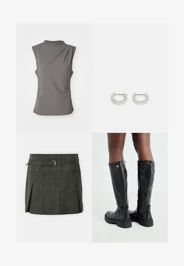 Szary bezrękawnik wykonany z miękkiego materiału. Posiada wysoki dekolt, drapowane wykończenie na jednym ramieniu oraz marszczenie z boku, co zapewnia dopasowany wygląd.; Ciemnozielona, bawełniana mini spódniczka z dopasowanym stanem, paskiem i plisami z przodu. Oferuje detale w szyciu i klasyczny krój.; Czarne skórzane kozaki do kolan o gładkiej fakturze, okrągłym nosku, grubej podeszwie i zamek błyskawiczny. Na boku znajduje się srebrne logo.; Srebrne kolczyki w kształcie kół z przezroczystymi, prostokątnymi i trójkątnymi kryształami ułożonymi w wzorzysty design. Zapięcia dla zapewnienia bezpieczeństwa.