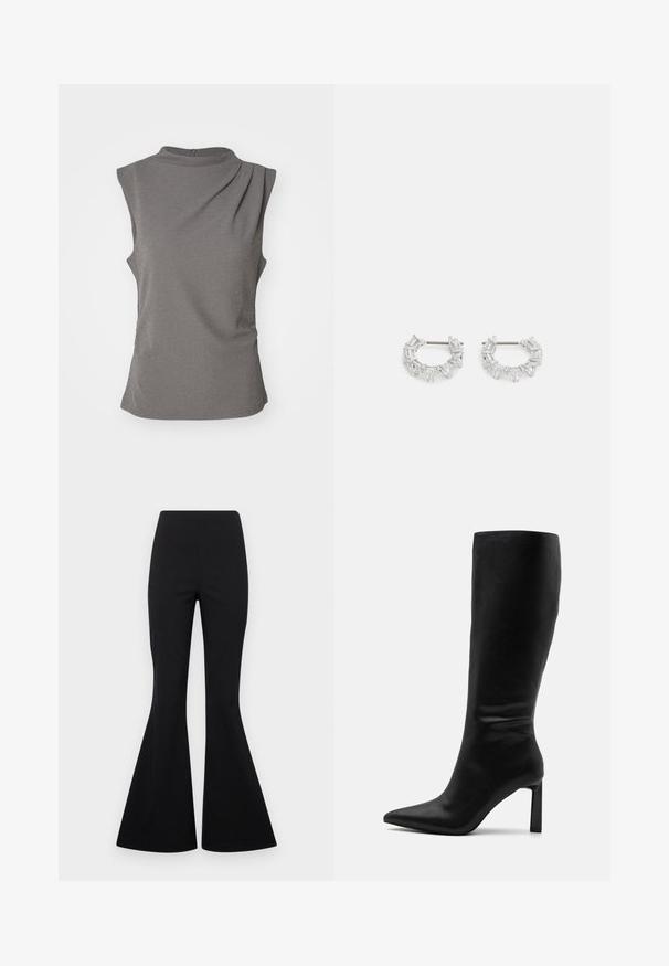 Pilkos spalvos be rankovių marškinėliai, pagaminti iš minkštos medžiagos. Yra aukšta apykaklė, drapiruotas detalė vienoje peties pusėje ir susirinkusi šoninė dalis, suteikianti prigludusį siluetą.; Juodos plačios kelnės, pagamintos iš tamprių audinių su lygiu paviršiumi, turi aukštą liemenį ir plačias, varpo formos kojas.; Even&Odd Batai - black; Sidabrinės auskarų kabliukų formos auskarai, papuošti aiškiais, stačiakampiais ir trikampiais kristalais, kurie išdėstyti raštuotu dizainu. Tvirtinimai, užtikrinantys saugų prilaikymą.