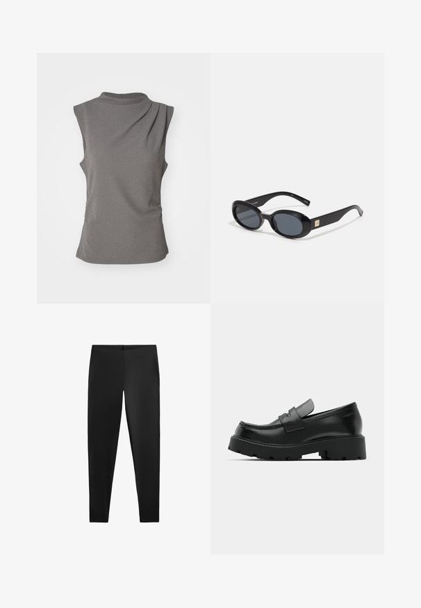 Top grigio senza maniche realizzato in tessuto morbido. Presenta un collo alto, dettaglio drappeggiato su una spalla e un lato arricciato per un look aderente.; Leggings neri con una texture liscia e una silhouette aderente, caratterizzati da una vita alta e un design senza cuciture per comfort e versatilità.; Mocassini in pelle nera con suola spessa e texture, dotati di una fascia sulla parte anteriore e una finitura liscia e lucida.; Occhiali da sole ovali neri con lenti scure, montatura in plastica lucida, aste larghe e un piccolo accent in oro su un lato.