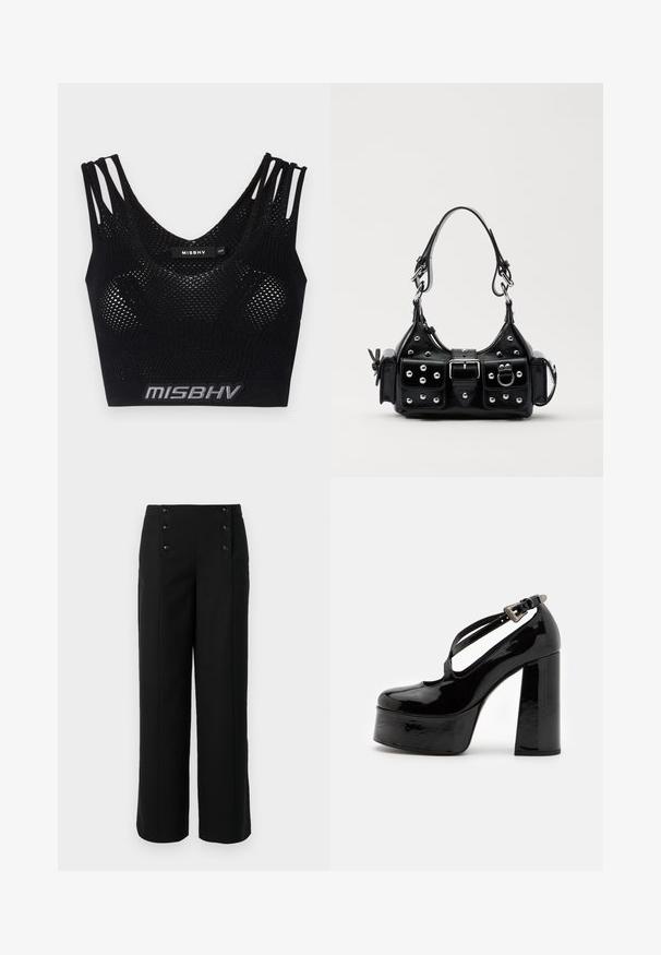 Sort crop top med mesh-struktur, udstyret med brede stropper og et logo-bånd i bunden. Designet med en U-formet udskæring og tætsiddende silhuet.; Sorte bukser med brede ben lavet af glat stof, der har høj talje og fem frontknapper til lukning. Elegant, skræddersyet design.; The Kooples CHAUSSURES - Højhælede pumps - black; Sort læderhåndtaske med et buet design, prydet med sølvfarvede nitter, en spænde og to sidelommer. Justerbar rem til forskellige bære muligheder.