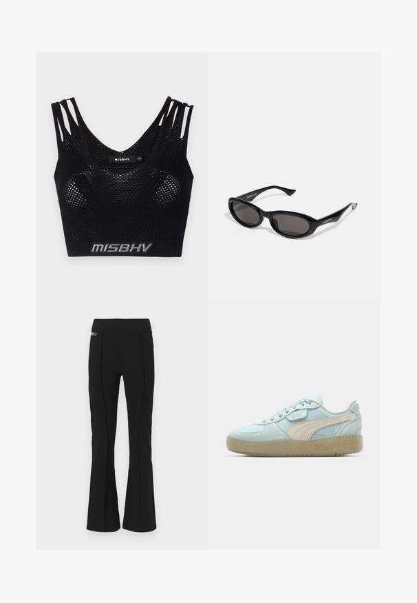 Svart crop-top med meshtekstur, med brede stropper og en logoelastikk nederst. Utformet med en U-formet halslinje og en tettsittende silhuett.; Sorte høyhalsede bukser med bred bunn, front sømdetaljer og en liten merkepatch på øvre venstre side.; Lysblå semskede sneakers med en kremfarget skinnakkent, flate lisser og en teksturert gummisåle. Har en fremtredende Puma-logo.; Sorte ovale solbriller med mørke linser. Ramme er slank, litt glosset plast med skrå ender og subtil merkevare på stengene.