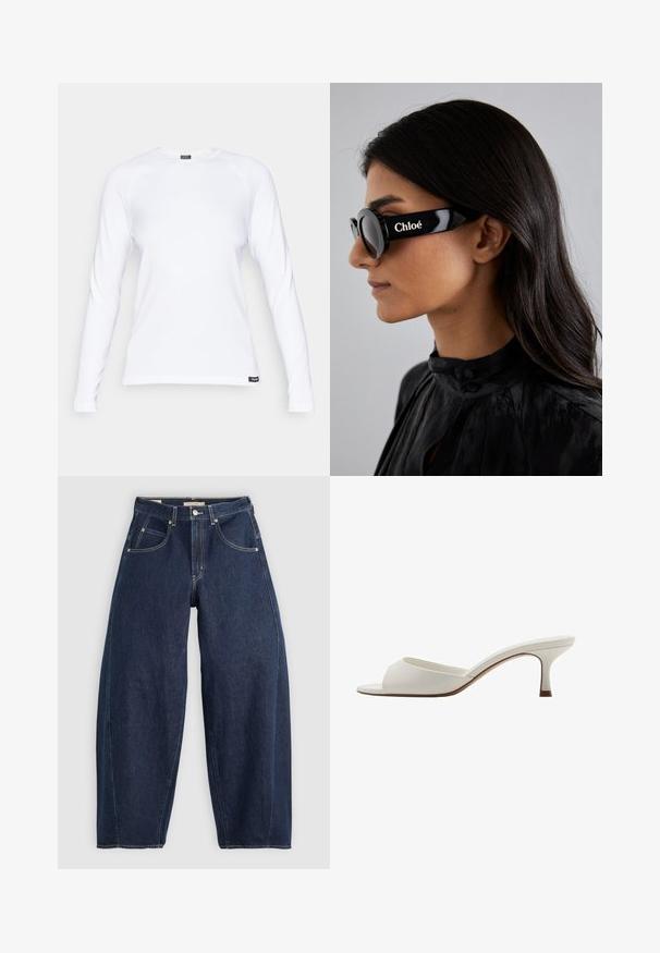 Biela košeľa s dlhými rukávmi z textilného materiálu, so zaobleným výstrihom a raglánovými rukávmi, s malou čiernou etiketou na leme.; Tmavomodré džíny z denimu s voľným strihom, svetlým šitím, piatimi vreckami a zapínaním na gombík v páse.; Biele sandále na vysokom podpätku otvorené na špičke s hladkým povrchom, minimalistickým dizajnom a štíhlym podpätkom, s jemným hnedým akcentom na podrážke.; Čierne slnečné okuliare s okrúhlymi šošovkami a odvážnymi, ostrými rámami, na boku so značkou "Chloé" napísanou bielou farbou. Hladký, lesklý povrch.; Zelená kožená kabelka s hladkým povrchom, zakriveným tvarom a vrkočovou rúčkou. Obsahuje zipsový uzáver a nastaviteľný popruh.
