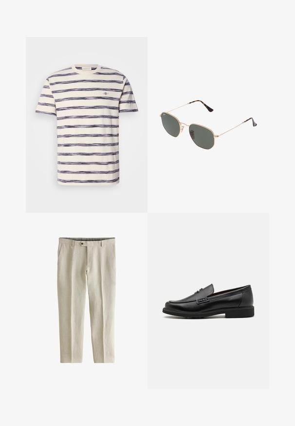 Krémové tričko s krátkým rukávem s nepravidelnými horizontálními pruhy v námořnické modré barvě, na hrudi s malým logem. Měkká bavlněná tkanina.; Next SIGNATURE - REGULAR FIT - Kalhoty - neutral; Černé syntetické mokasíny s výrazně prošívanou špicí, měkkou stélkou a plochou gumovou podrážkou; elegantní design s minimálním zdobením.; Sluneční brýle s kovovým zlatým rámem a tmavě zelenými skly, styl aviatorek, s úzkými obroučkami a želvovinovými akcenty na špičkách.