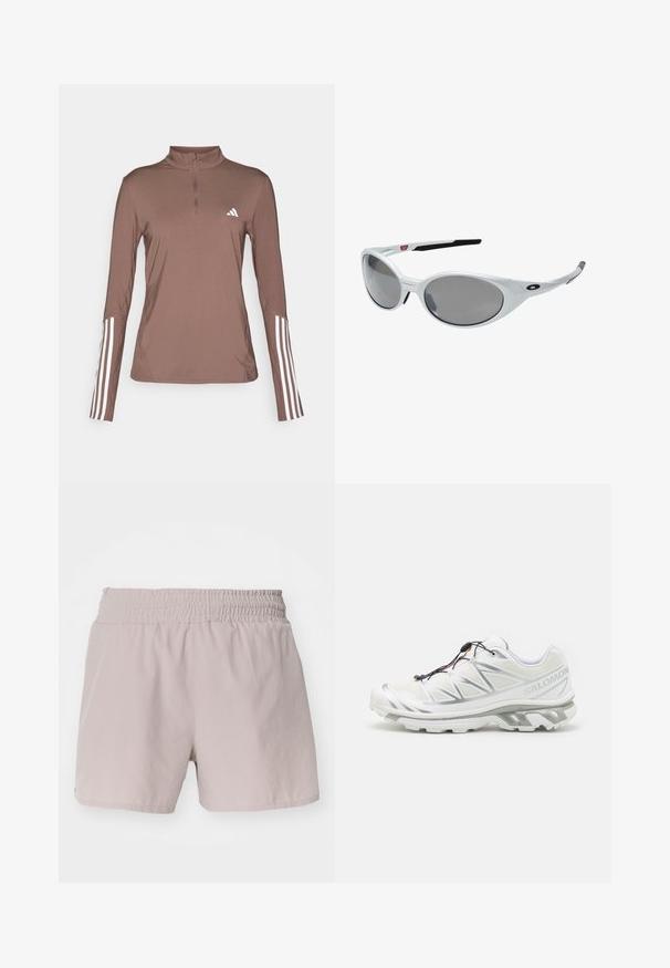 Brązowa, długi rękaw, sportowa koszulka z pół zamkiem, z białymi trzema paskami na rękawach i małym białym logo na klatce piersiowej.; Jasnobeżowe szorty z elastycznym pasem, gładką fakturą i prostym wzornictwem. Nie mają widocznych zapięć ani wzorów.; Białe buty sportowe z teksturowanym wierzchem, odblaskowymi akcentami i szarym podbiciem. Posiadają wyraźne trójkątne wzory oraz system szybkiego sznurowania.; Białe plastikowe okulary przeciwsłoneczne z dużymi owalnymi soczewkami o szarym zabarwieniu. Posiadają czarne wkładki na uszy oraz małe logo na ramce. Gładkie wykończenie.; Salomon UNISEX czarny