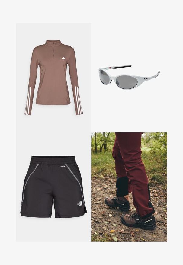 Brun langærmet træningsbluse med halv lynlås, der har hvide tre-stribede detaljer på ærmerne og et lille hvidt logo på brystet.; Sorte atletiske shorts lavet af letvægtsmateriale har en elastisk talje, reflekterende detaljer og logoet "The North Face" på venstre side.; Brune vandresko med sorte accenter og robuste såler, parret med bordeauxfarvede vandtætte bukser med sorte sidepaneler og lynlåse.; Hvide plast solbriller med store ovale linser, gråtonede. Har sorte øre greb og et lille logo på rammen. Glat overflade.; Salomon ACTIVE SKIN 12 SET UNISEX - Drikkerygsække - black; Sorte handsker lavet af et struktureret stof, med fingerskær og en berøringsfølsom fingerspids. "SALOMON" logo i hvid på siden.