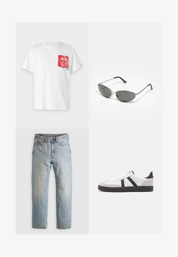 Valge puuvillane T-särk punase taskuga, millel on lilleline design ja tekst. Lühikesed varrukad, ümar kaelus ja lõdvestatud istuvus.; Heledad hele sinine teksapükste kõrge vöökoht, ees nupuga, lukuga ja viie taskuga disain, asetatud tasasele neutraalsele taustale.; Valged tossud mustade ja hallide aktsentidega, tekstureeritud halli varbakattega, musta kummitald ja lamedad valged paelad. Puhtad jooned, minimalistlik stiil.; Prillispid prillid, millel on peen hõbedane metallraam, hallid toonitud läätsed ja aerodünaamiline disain, millel on teravad servad ja õhukesed varred.