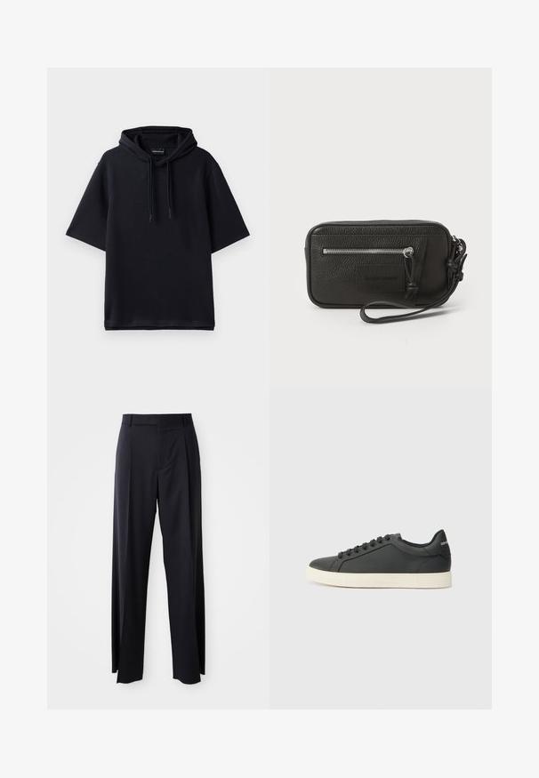Sudadera con capucha de manga corta en negro, hecha de una tela texturizada, con un bolsillo tipo canguro y capucha con cordón. Logo sutil en el pecho.; Pantalones negros de tiro alto con corte de pierna ancha, confeccionados en una tela suave. Presenta pliegues en la parte delantera y trabillas para cinturón. Diseño minimalista, sin hardware visible.; Zapatilla negra de cuero con perfil bajo, punta redondeada y cierre de cordones; cuenta con una suela de goma texturizada y detalle del logo en el talón.; Clutch de cuero negro con superficie texturizada, bolsillo delantero con cremallera y correa de muñeca desmontable. Presenta una etiqueta de logo en el frontal. Forma rectangular.
