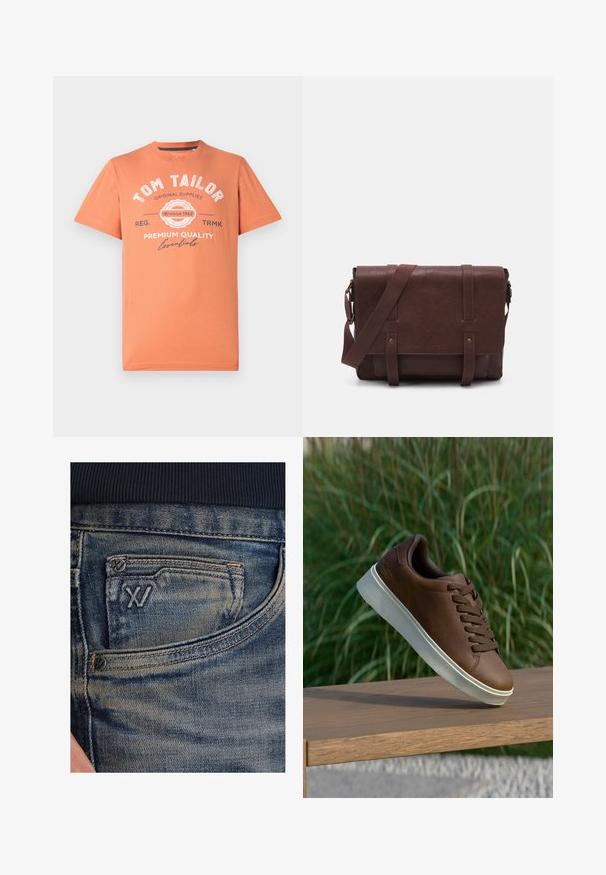 Tričko s krátkým rukávem v korálově oranžové barvě s kulatým výstřihem. Na přední straně se nachází bílý grafický text a logo. Materiál 100% bavlna.; Modré džínové kalhoty s vybledlou texturou, s mincovní kapsou a černým logem na přední straně. Pas má tmavě námořnický modrý žebrovaný materiál.; Hnědé kožené tenisky s bílou gumovou podrážkou, kulatou špičkou a hnědými tkaničkami. Imitovaný grip na podrážce a hladký povrch na svršku.; Hnědá kožená taška přes rameno s plochým předním klopem, dvěma popruhy, zlatými kovovými detaily a nastavitelným ramenním popruhem.
