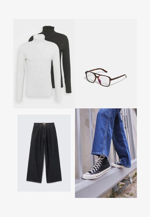 Pier One LONG SLEEVED ROLL NECK TOP 2 PACK - Topper langermet - light grey/black; Mørkeblå vide jeans med frontfolder, skrå lommer, beltehemper og knappelukking i midjen merket "WEEKDAY."; Svarte høy-hælte joggesko med hvit såle og snøring, paired med løse blå denim-jeans, hvilende på et grått rekkverk.; Brune og oransje tortoiseshell-mønstrede briller med rektangulære linser, svarte og oransje rammer, med en blank overflate og slanke stenger.