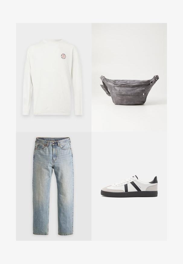 Weißes Langarmhemd mit kleinem roten Globus-Grafik und schwarzem Text "DIE WELT WARTE" auf der oberen linken Brust.; Helle blaue Jeans mit hoher Taille, Frontknopf, Reißverschluss und fünf Taschen-Design, flach auf einem neutralen Hintergrund ausgelegt.; Weiße Sneaker mit schwarz- und grau-aczenten, ausgestattet mit einer strukturierten grauen Zehenkappe, schwarzer Gummi-Sohle und flachen weißen Schnürsenkeln. Sauberes Design, minimalistische Stil.; Graue Wildleder-Gürteltasche mit runder Form, zwei mit Reißverschluss verschlossenen Fächern und verstellbarem Trageriemen. Mit metallischen Hardware-Akzenten.