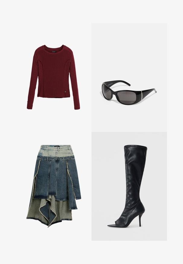 Rode sweater met lange mouwen van een gestructureerde gebreide stof, met een ronde halslijn en subtiele zijaccenten, met een logo-detail aan de zoom.; Zwarte damesjas met lange mouwen, voorzipper, brede manchetten en een kraag, plat gelegd op een lichtgrijze achtergrond.; Denimrok met een patchworkontwerp in verschillende tinten blauw en groen, rafelige randen, een asymmetrische zoom en meerdere panelen.; Zwarte synthetische leren kniehoge laars met een puntige open teen en een hoge stiletto hak. Getextureerde bovenkant en een gladde afwerking.; Zwarte zonnebril met glanzende kunststof montuur, graden grijze lenzen en zilverkleurige accenten aan de zijkanten. Strak, gebogen ontwerp.