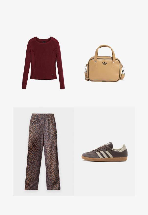 Roter Pullover mit langen Ärmeln aus strukturiertem Strickstoff, mit rundem Ausschnitt und subtilen seitlichen Akzenten, versehen mit einem Logo-Detail am Saum.; Leopardmuster-Hosen mit einem elastischen Bund. Hergestellt aus einem glänzenden Stoff, mit einem braunen Grundton und schwarzen Flecken sowie einem lockeren Schnitt.; Braune Leder-Sneaker mit drei hellen Streifen, Gummisohle, abgerundetem Zehenbereich und strukturierten Wildlederelementen an Ferse und Zehen.; Beige veganes Lederhandtasche mit zwei Griffen, abnehmbarem Schultergurt, schwarzen Akzentnähten und einem kleinen schwarzen Logo auf der Vorderseite.
