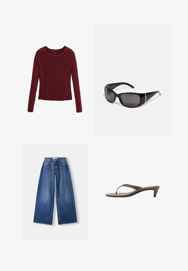 Red long-sleeve sweater made of textured knit fabric, featuring a round neckline and subtle side accents, with a logo detail at the hem.; Bershka WIDE-LEG - Wide Leg - dark blue; Brown heeled flip-flop sandal with a slender strap and rounded toe post, featuring a small gold accent on the footbed.; Black sunglasses with glossy plastic frames, gradient gray lenses, and silver-tone accents on the sides. Sleek, curved design.