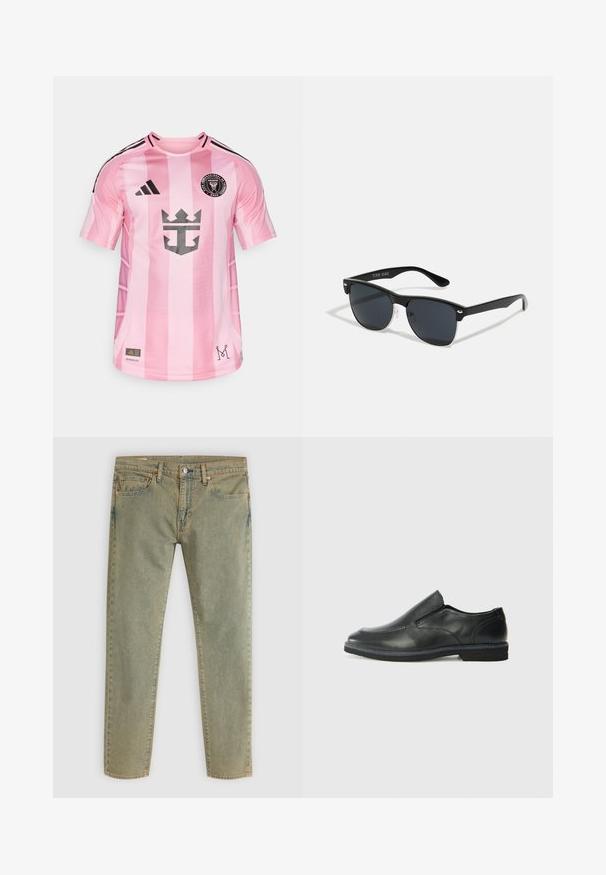 Camisa de futebol rosa com riscas horizontais, logo preto em destaque e detalhes pretos nos ombros. Feita de material respirável.; Calças de ganga verde-claro com um design de perna reta. Apresentam bolsos frontais e traseiros, rebites de cobre e costura bege.; Sapato slip-on preto em pele com um upper liso, acabamentos cosidos, bico arredondado e um salto de borracha baixo. A sola apresenta um padrão de aderência mínimo.; Óculos de sol pretos com forma retangular, lentes escuras, detalhes em prata nas hastes e um acabamento mate na armação.