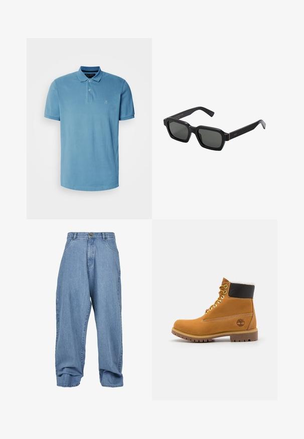 Világoskék pólóing, pamutból készült, klasszikus gallérral, háromgombos nyakrésszel és kis hímzett logóval a mellrészen.; Világoskék denim nadrág, laza fazonnal, gombos záródással, elülső zsebekkel és pohárkialakítással, klasszikus öt zsebes kialakítással.; Barna bőrből készült bokacsizma fém fűzőlyukakkal, fehér szőr béléssel, fekete párnázott gallérral, strapabíró talppal és dombornyomott logóval az oldalán.; Fekete, négyzet alakú napszemüveg szürke lencsékkel. Vastag műanyag keretek arany díszítéssel és márkázással a szárán. Sima felület.