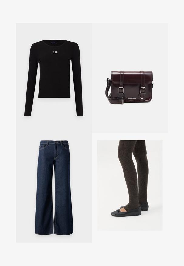 Top negru cu mânecă lungă și textură ribbed, având decolteu rotund și logo-ul brodat "GAP" în alb pe piept. Textură netedă, design ajustat.; Jeanși cu picioare largi din denim albastru închis. Prezintă cusături contrastante, cinci buzunare și o închidere cu nasture la talie. Textură netedă.; Pantofi negri cu un detaliu mic de fundiță la vârf, asortați cu colanți maro închis, cu textură ondulată. Pantofii au o textură netedă și un profil joase.; Geantă crossbody din piele lac burgundă, cu formă rectangulară, două curele, accesorii din argint și închidere cu clapetă.