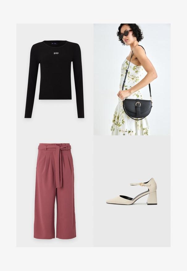 Top negro de manga larga acanalado con un cuello redondo y el logo bordado "GAP" en blanco en el pecho. Textura suave, diseño ajustado.; Pantalones de pierna ancha en color burdeos, hechos de tela ligera con cintura alta con cinturón, que presentan pliegues frontales y una textura suave.; Zapatos de tacón cuadrado de imitación cuero en beige, con puntera puntiaguda, tira en el tobillo y sutil detalle de textura de cocodrilo. Forro interior negro.; Bolso de piel negra con forma curva, correa desmontable y herrajes dorados. El bolso cuenta con una solapa con un detalle de hebilla.