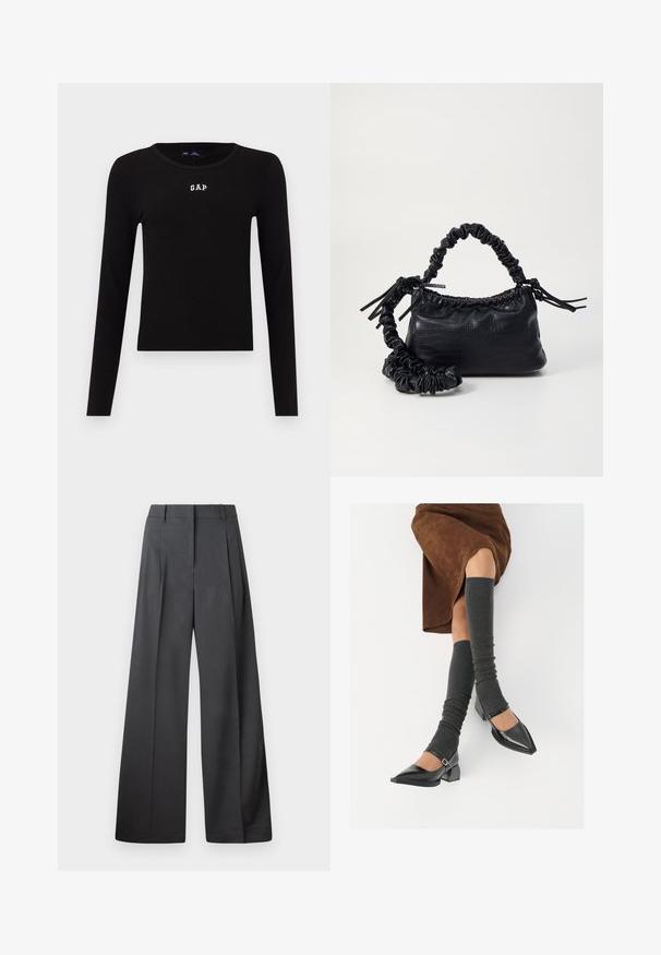 Čierny dlhý rukáv rebrovaný top s okrúhlym výstrihom a vyšitým logom "GAP" v bielej farbe na hrudi. Hladká textúra, priliehavý strih.; Nohavice s širokými nohavicami z tmavošedej látky, s vysokým pásom, jedinými záhybmi a hladkou textúrou s čistým zakončením na lemoch.; Čierne lakované kožené topánky s špicatou špičkou, blokovým podpätkom a členkovým remienkom, ktoré sú kombinované so šedými rebrovanými legínami a hnedou zamšovou sukňou.; Čierna umelá kožená kabelka s kroko vzorom, sťahovaným vrchom a zhnutým popruhom. Vyzerá mäkko a kompaktné v dizajne.