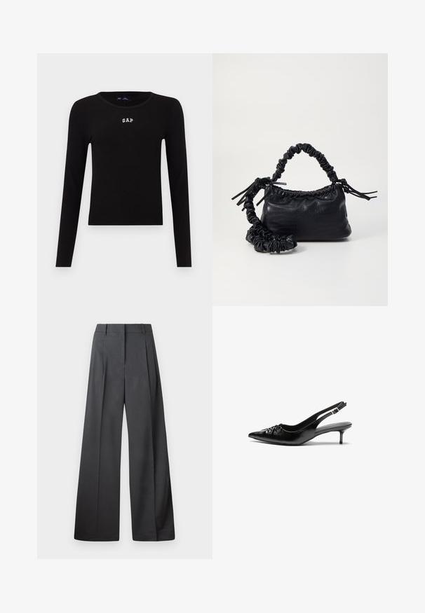 Black long-sleeve ribbed top featuring a round neckline and embroidered "GAP" logo in white on the chest. Smooth texture, fitted design.; Wide-leg trousers in dark gray fabric, featuring a high waist, single pleats, and a smooth texture with a clean finish at the hems.; Black leather slingback heels with a pointed toe, small kitten heel, and a decorative knot detail on the front. Smooth texture throughout.; Black faux leather handbag with a crocodile texture, cinched top, and a scrunched strap. Appears soft and compact in design.