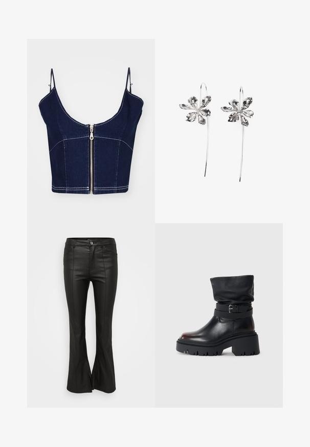 Jūras spēku denima cropped tops ar spageti siksnām. Tam ir priekšējais rāvējslēdzis un kontrastējoša baltā šuve. Tīra, pieguļoša silueta ar strukturētu dizainu.; Melnas izplešotas bikses ar spīdīgu ādas līdzīgu tekstūru, ar priekšējiem kabatām, pogu aizdari un sānu izgriezumiem pie apakšmalas.; Melnas ādas potītes zābaki ar vaļīgu augšdaļu, sprādzi, un biezu, izturīgu zoli. Iezīmē apaļu purngalu un gludu tekstūru.; Sudraba zieda formas auskari ar teksturētu apdari, ar garām uzkarsējošām daļām un ziedlapiņām līdzīgām detaļām, veidojot sarežģītu dizainu.