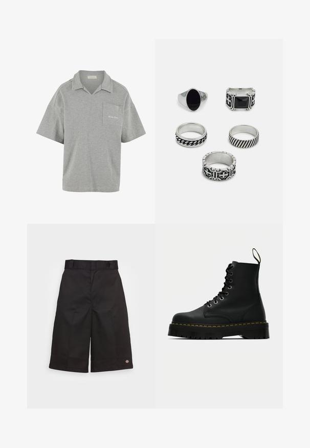 Grijze korte mouwen polo shirt van gestructureerde stof, met een kraag, een borstzak en subtiele logo borduursel op de zak.; Zwarte katoenen shorts met een rechte snit, knielengte, voorzien van een zichtbaar merklogo op de zoom en een gladde textuur.; Zwarte leren veterlaarzen tot de enkel met een stevige, geprofileerde rubberen zool en gele stiksels rond het voetbed.; Set van vijf ringen: een zilveren zegelring met zwarte steen, vier metalen banden met verschillende ontwerpen, waaronder gevlochten en gestreepte patronen.