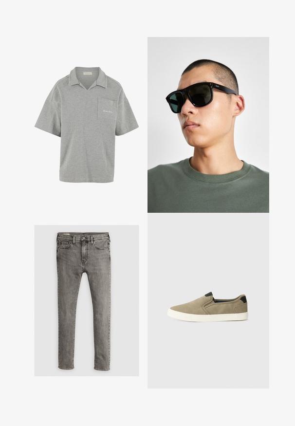 Pilkas trumpas rankovėmis polo marškinėliai, pagaminti iš tekstūruotos medžiagos, su apykakle, priekinėmis kišenėmis ir subtiliu logotipo siuvinėjimu ant kišenės.; Pilki džinsai su prigludusia išvaizda, penkių kišenių stiliumi ir siuvinėjimu išilgai siūlių. Lygus paviršius, standartinis juosmuo.; Taupe spalvoti bateliai be raištelių su tekstūruotu audiniu viršuje, kontrastingais juodais kulno akcentais ir balta guma padanga. Perforuotas dizainas, užtikrinantis oro pralaidumą.; Juodos stačiakampės saulės akinių su tamsiais objektyvais, turinčių išskirtinę formą ir prekės ženklą ant šventyklos. Dėvi asmuo, apsirengęs žalia marškinėliais.
